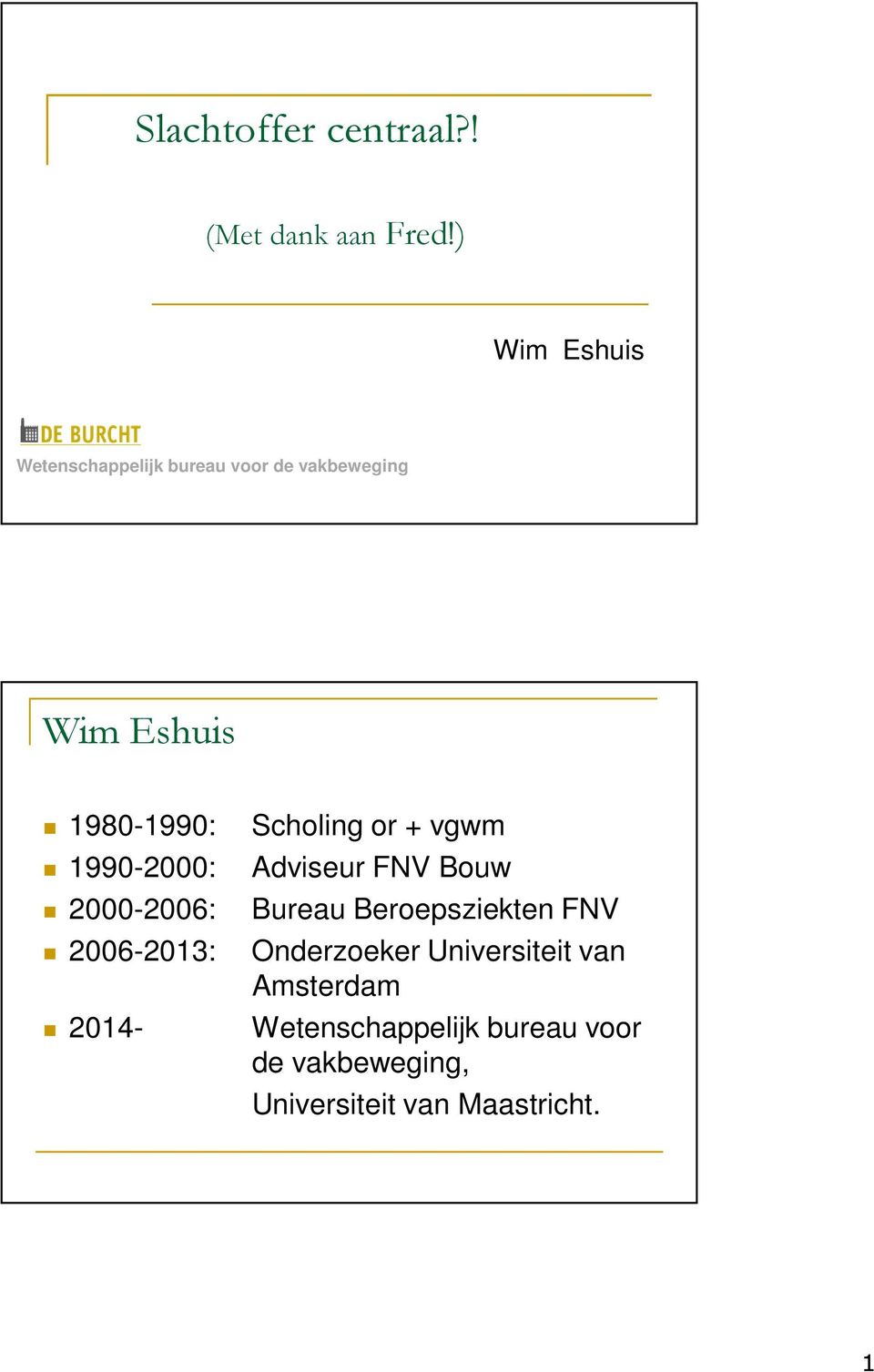 1990-2000: 2000-2006: 2006-2013: 2014- Scholing or + vgwm Adviseur FNV Bouw Bureau