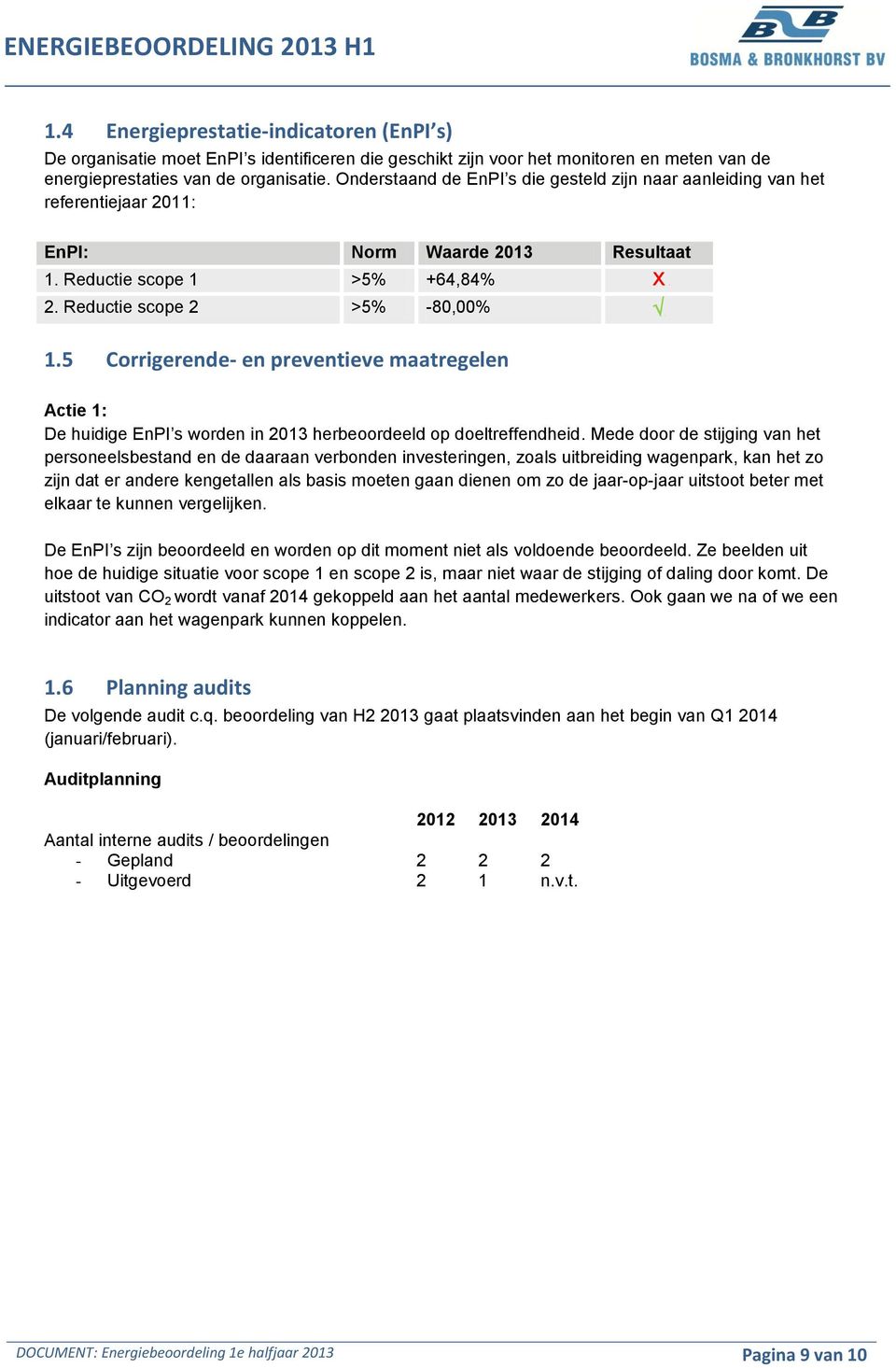 5 Corrigerende- en preventieve maatregelen Actie 1: De huidige EnPI s worden in 2013 herbeoordeeld op doeltreffendheid.