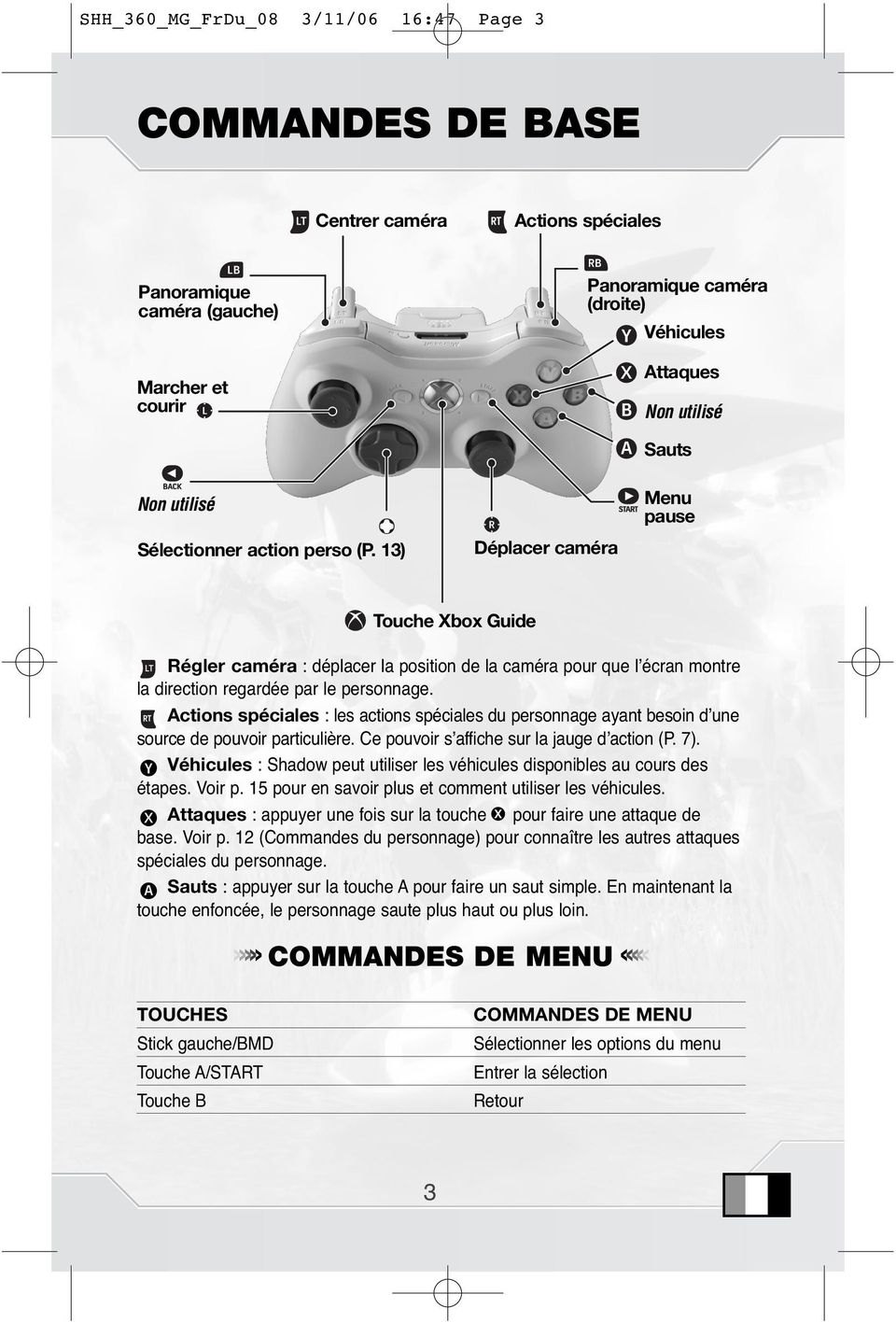 13) Déplacer caméra Sauts Menu pause Touche Xbox Guide Régler caméra : déplacer la position de la caméra pour que l écran montre la direction regardée par le personnage.