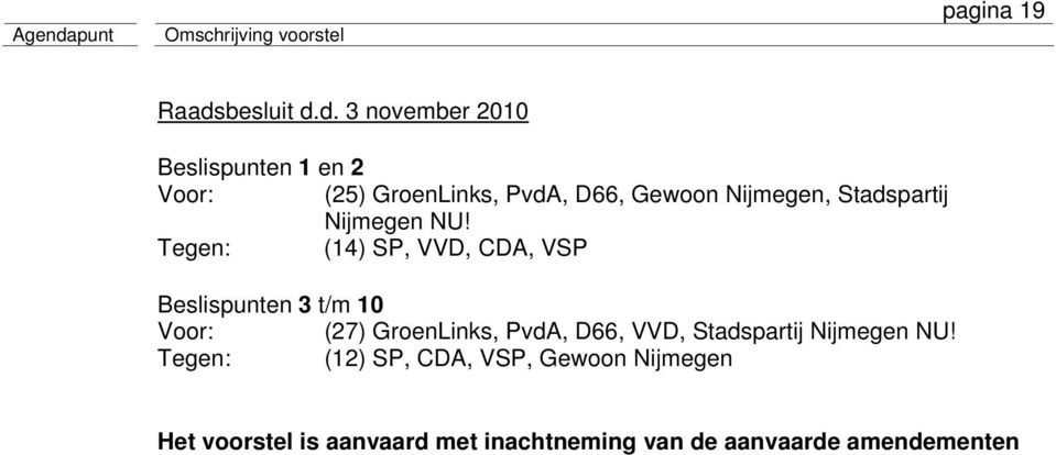 d. 3 november 2010 Beslispunten 1 en 2 (25) GroenLinks, PvdA, D66, Gewoon Nijmegen,