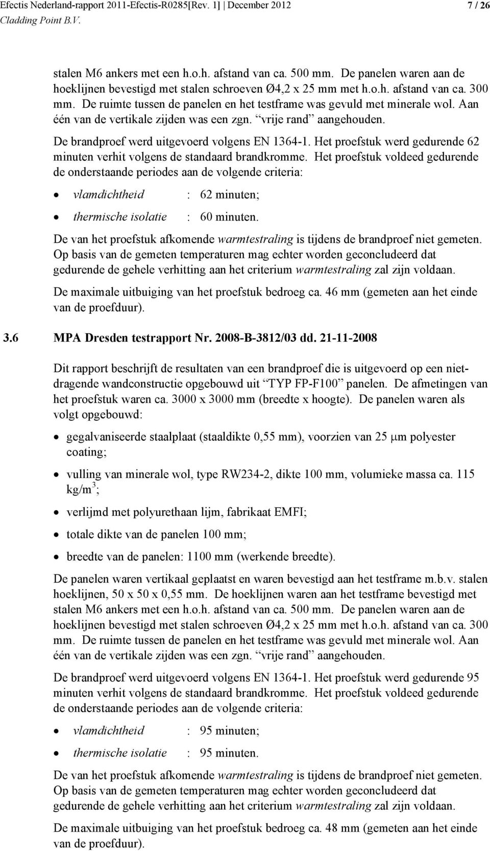 Het proefstuk werd gedurende 62 minuten verhit volgens de standaard brandkromme.