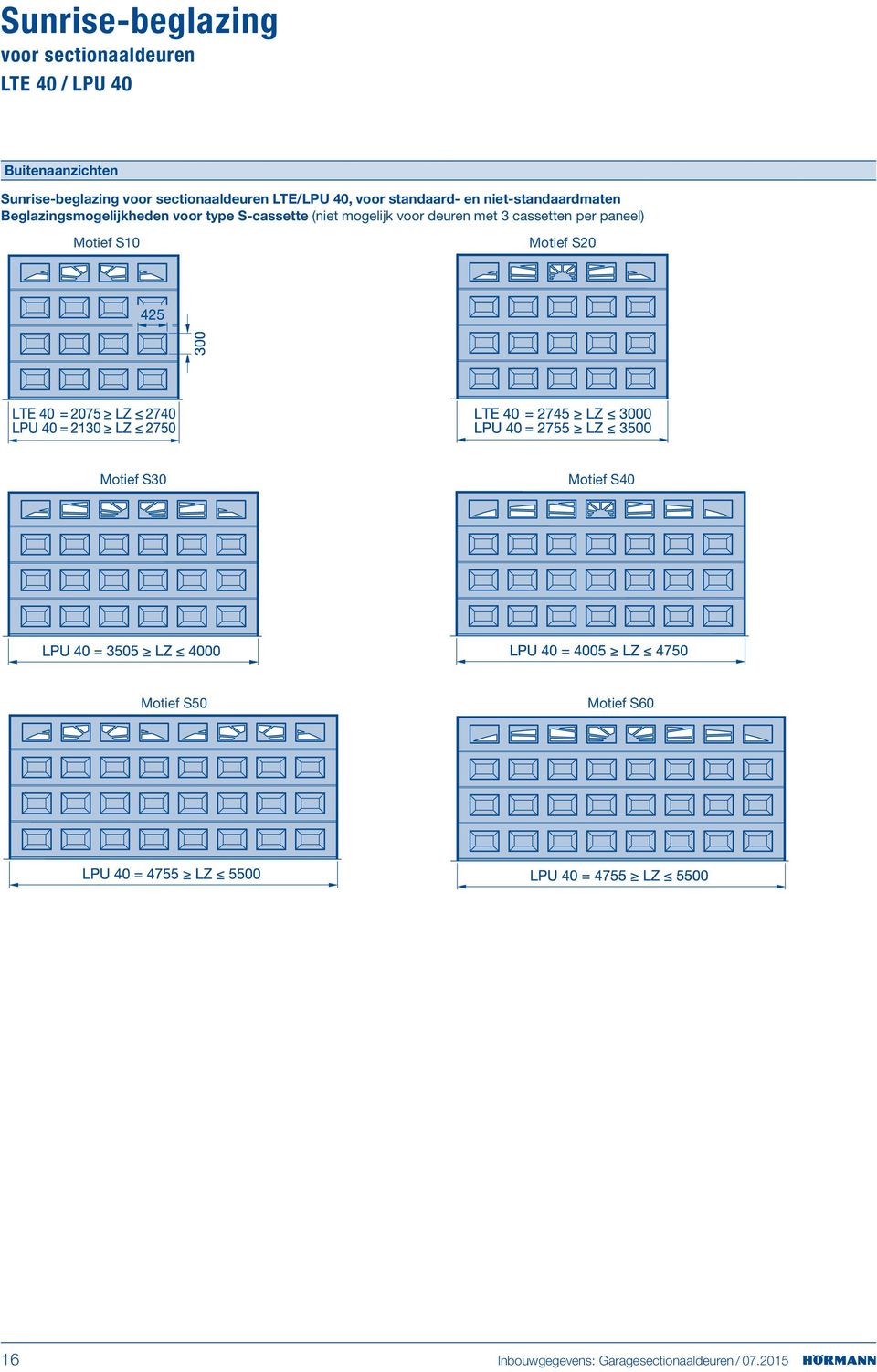 voor type S-cassette (niet mogelijk voor deuren met 3 cassetten per paneel) Motief S10 Motief