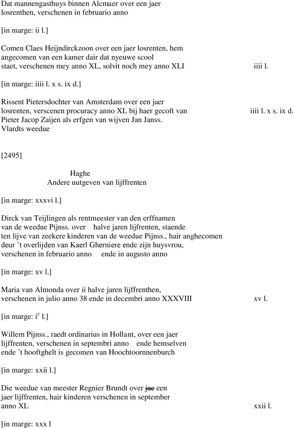 ] Rissent Pietersdochter van Amsterdam over een jaer losrenten, verscenen procuracy anno XL bij haer gecoft van iiii l. x s. ix d. Pieter Jacop Zaijen als erfgen van wijven Jan Janss.