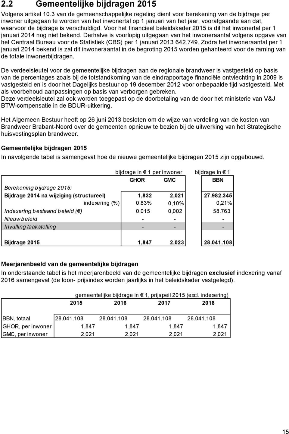 verschuldigd. Voor het financieel beleidskader 2015 is dit het inwonertal per 1 januari 2014 nog niet bekend.