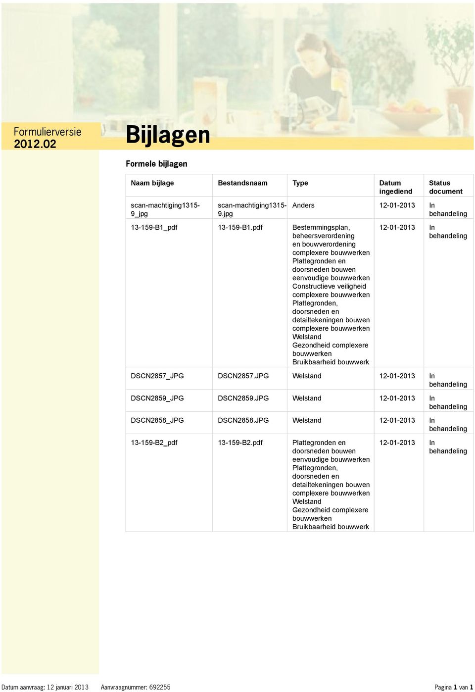 doorsneden en detailtekeningen bouwen complexere bouwwerken Welstand Gezondheid complexere bouwwerken Bruikbaarheid bouwwerk Status document Anders 12-01-2013 In behandeling 12-01-2013 In behandeling