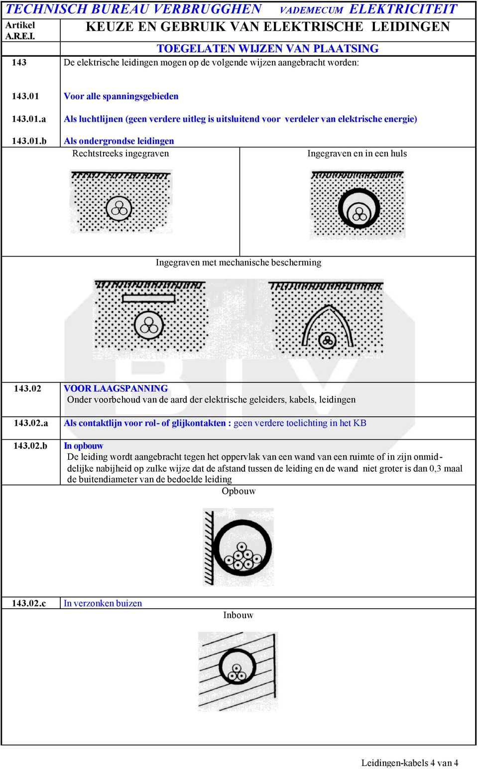 02 VOOR LAAGSPANNING Onder voorbehoud van de aard der elektrische geleiders, kabels, leidingen 143.02.a 143.02.b Als contaktlijn voor rol- of glijkontakten : geen verdere toelichting in het KB In
