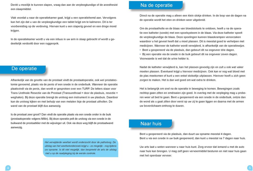 In de operatiekamer wordt u via een infuus in uw arm in slaap gebracht of wordt u gedeeltelijk verdoofd door een ruggenprik. Na de operatie Direct na de operatie mag u alleen een klein slokje drinken.