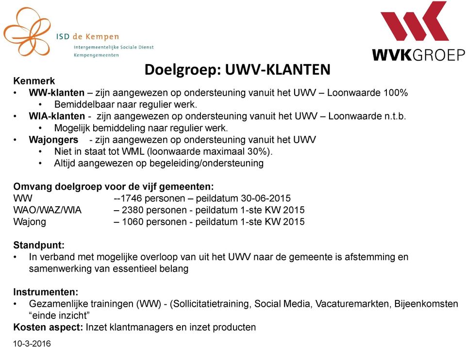Wajongers - zijn aangewezen op ondersteuning vanuit het UWV Niet in staat tot WML (loonwaarde maximaal 30%).