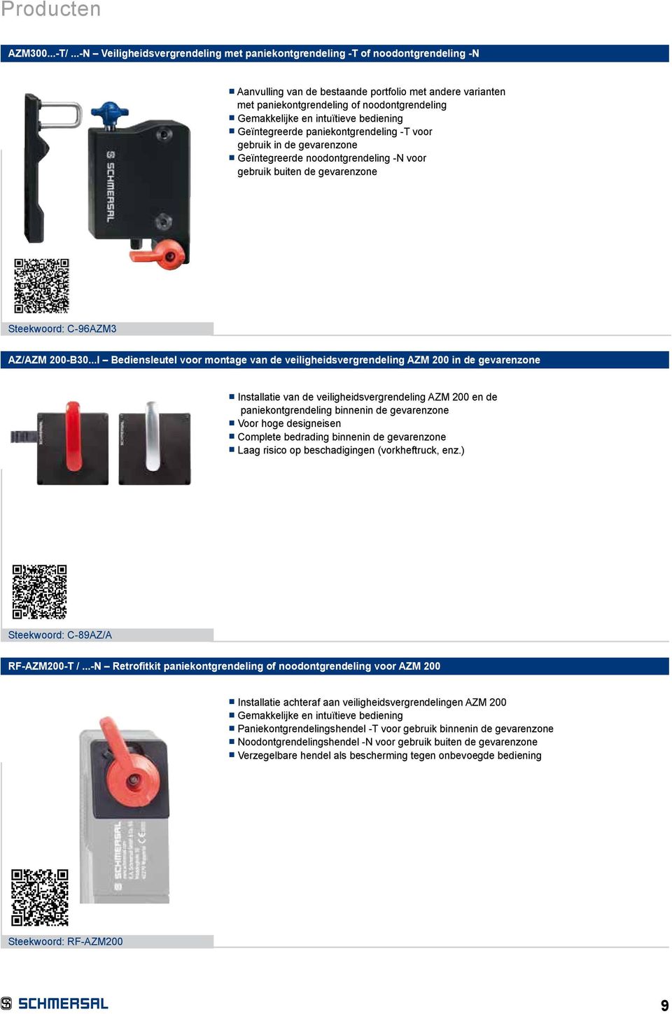 en intuïtieve bediening Geïntegreerde paniekontgrendeling -T voor gebruik in de gevarenzone Geïntegreerde noodontgrendeling -N voor gebruik buiten de gevarenzone Steekwoord: C-96AZM3 AZ/AZM 200-B30.