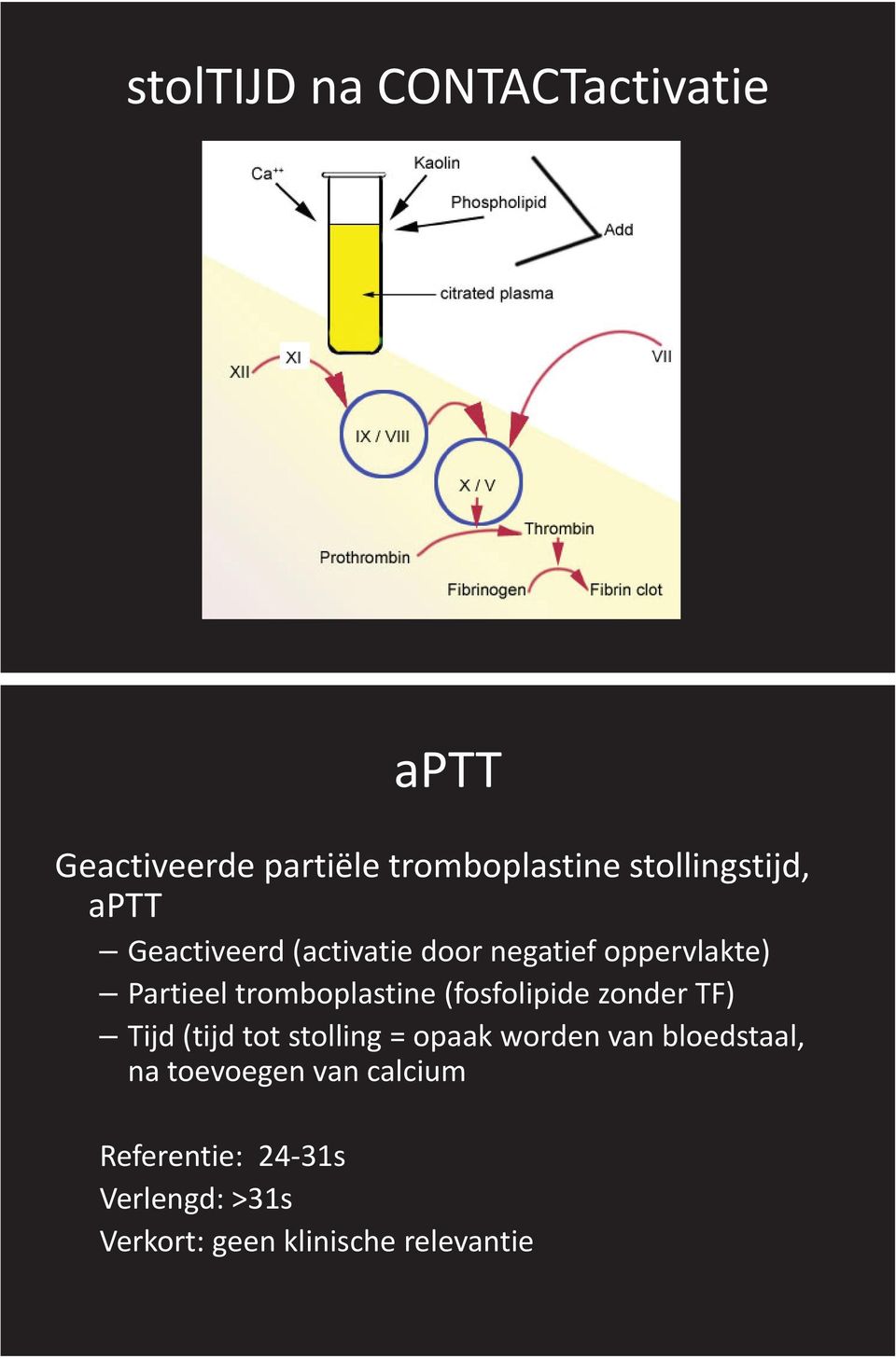 tromboplastine (fosfolipide zonder TF) Tijd (tijd tot stolling = opaak worden van