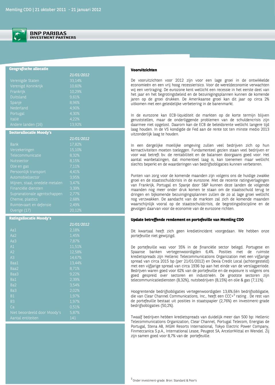 Vooruitzichten 33,14% De vooruitzichten voor 2012 zijn voor een lage groei in de ontwikkelde economieën en een vrij hoog recessierisico. Voor de wereldeconomie verwachten wij een vertraging.