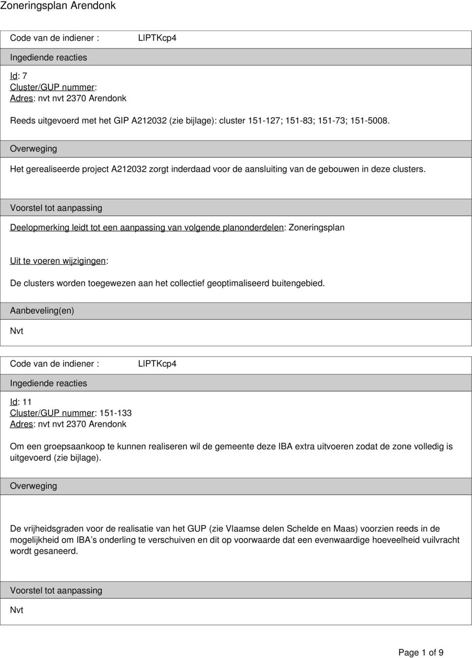 Deelopmerking leidt tot een aanpassing van volgende planonderdelen: Zoneringsplan De clusters worden toegewezen aan het collectief geoptimaliseerd