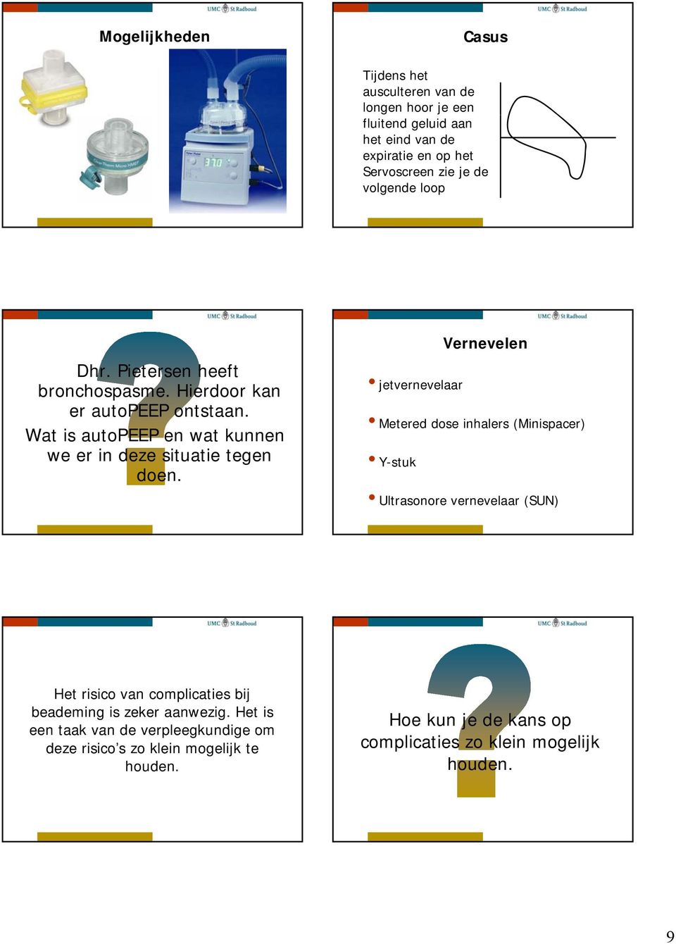 jetvernevelaar Vernevelen Metered dose inhalers (Minispacer) Y-stuk Ultrasonore vernevelaar (SUN) Het risico van complicaties bij beademing is zeker