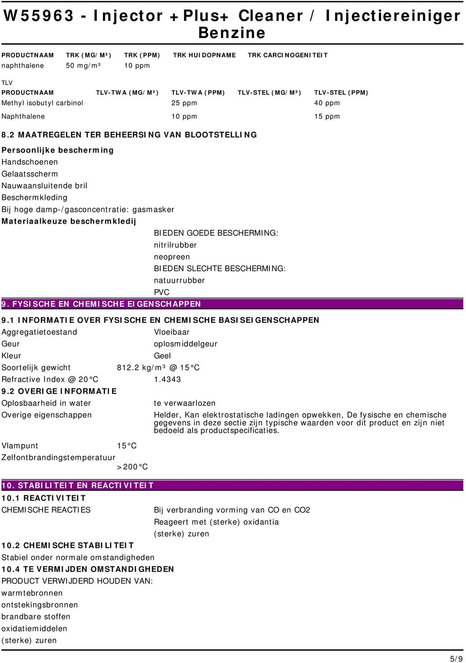 damp-/gasconcentratie: gasmasker Materiaalkeuze beschermkledij BIEDEN GOEDE BESCHERMING: nitrilrubber neopreen BIEDEN SLECHTE BESCHERMING: natuurrubber PVC 9 FYSISCHE EN CHEMISCHE EIGENSCHAPPEN 91