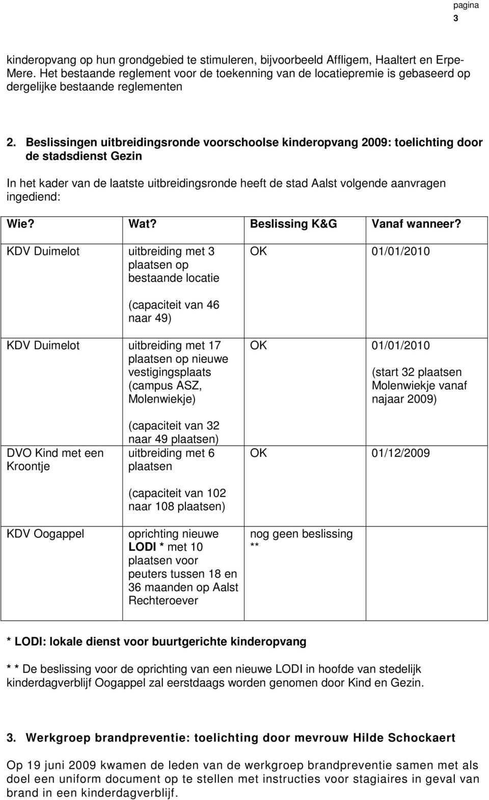 Beslissingen uitbreidingsronde voorschoolse kinderopvang 2009: toelichting door de stadsdienst Gezin In het kader van de laatste uitbreidingsronde heeft de stad Aalst volgende aanvragen ingediend: