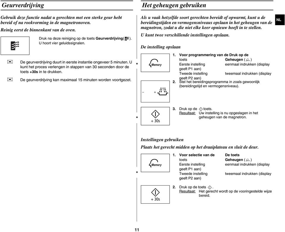 Het geheugen gebruiken Als u vaak hetzelfde soort gerechten bereidt of opwarmt, kunt u de bereidingstijden en vermogensniveaus opslaan in het geheugen van de magnetron, zodat u die niet elke keer