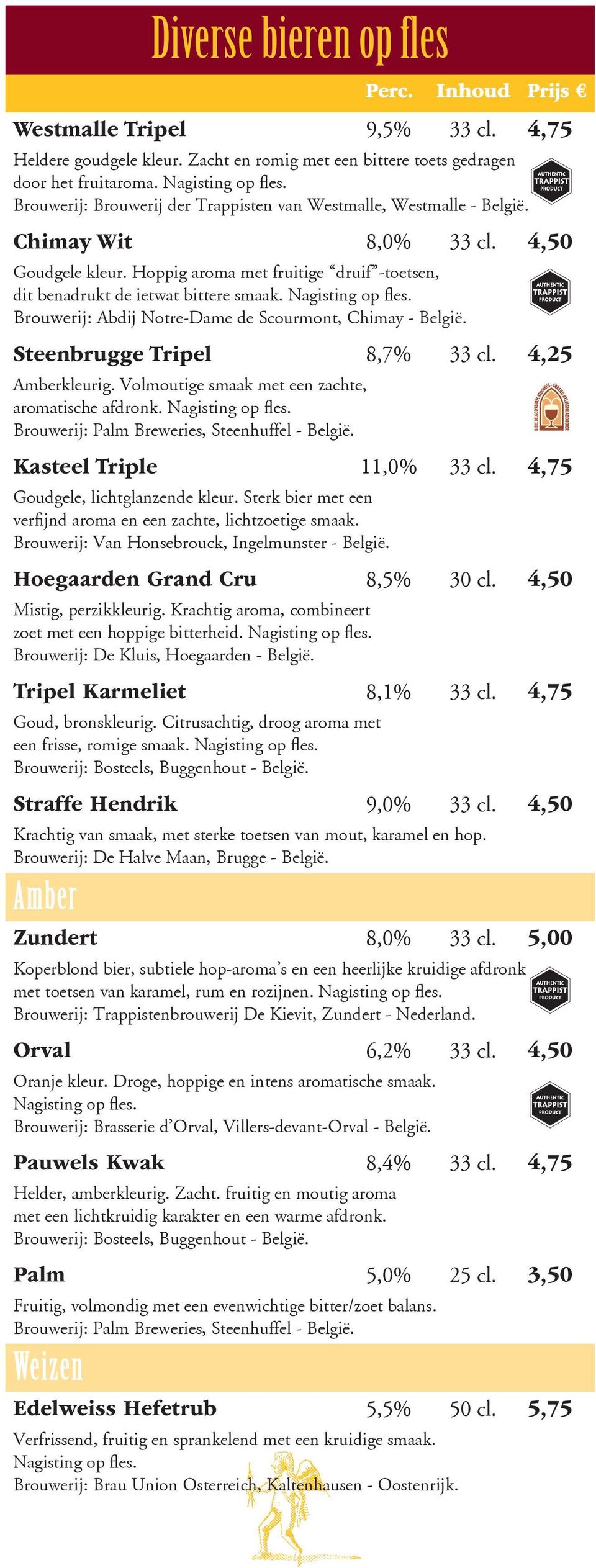 Nagisting op fles. Brouwerij: Abdij Notre-Dame de Scourmont, Chimay - België. Steenbrugge Tripel 8,7% 33 cl. 4,25 Amberkleurig. Volmoutige smaak met een zachte, aromatische afdronk. Nagisting op fles.