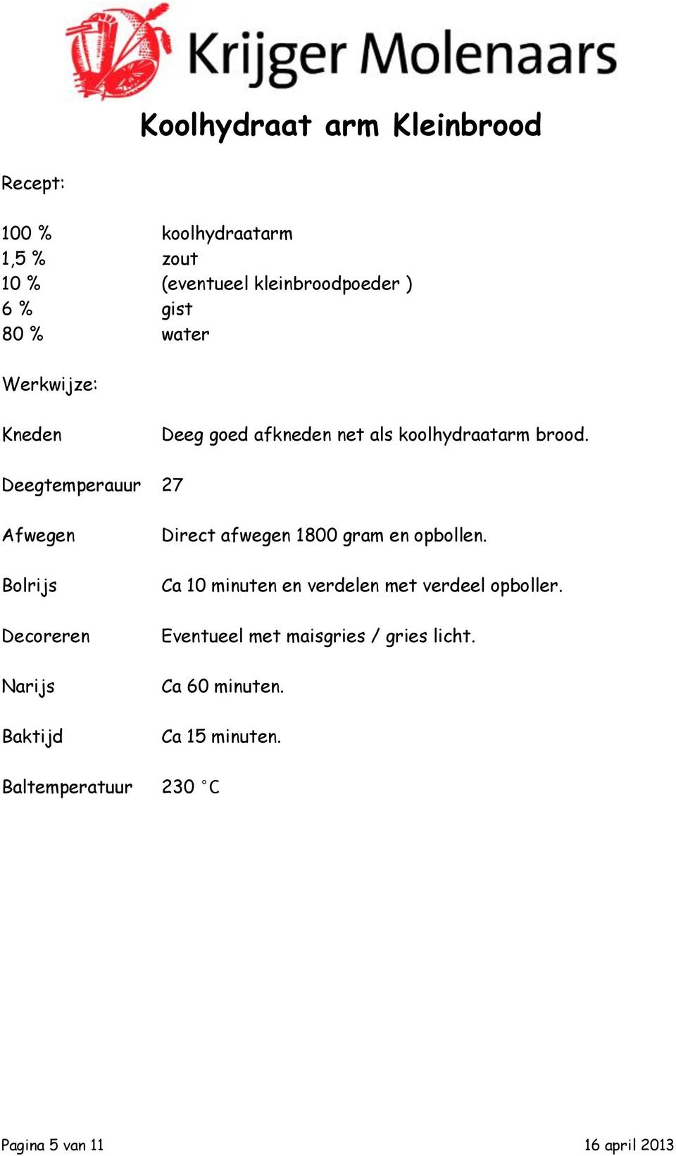 Deegtemperauur 27 Afwegen Bolrijs Decoreren Direct afwegen 1800 gram en opbollen.