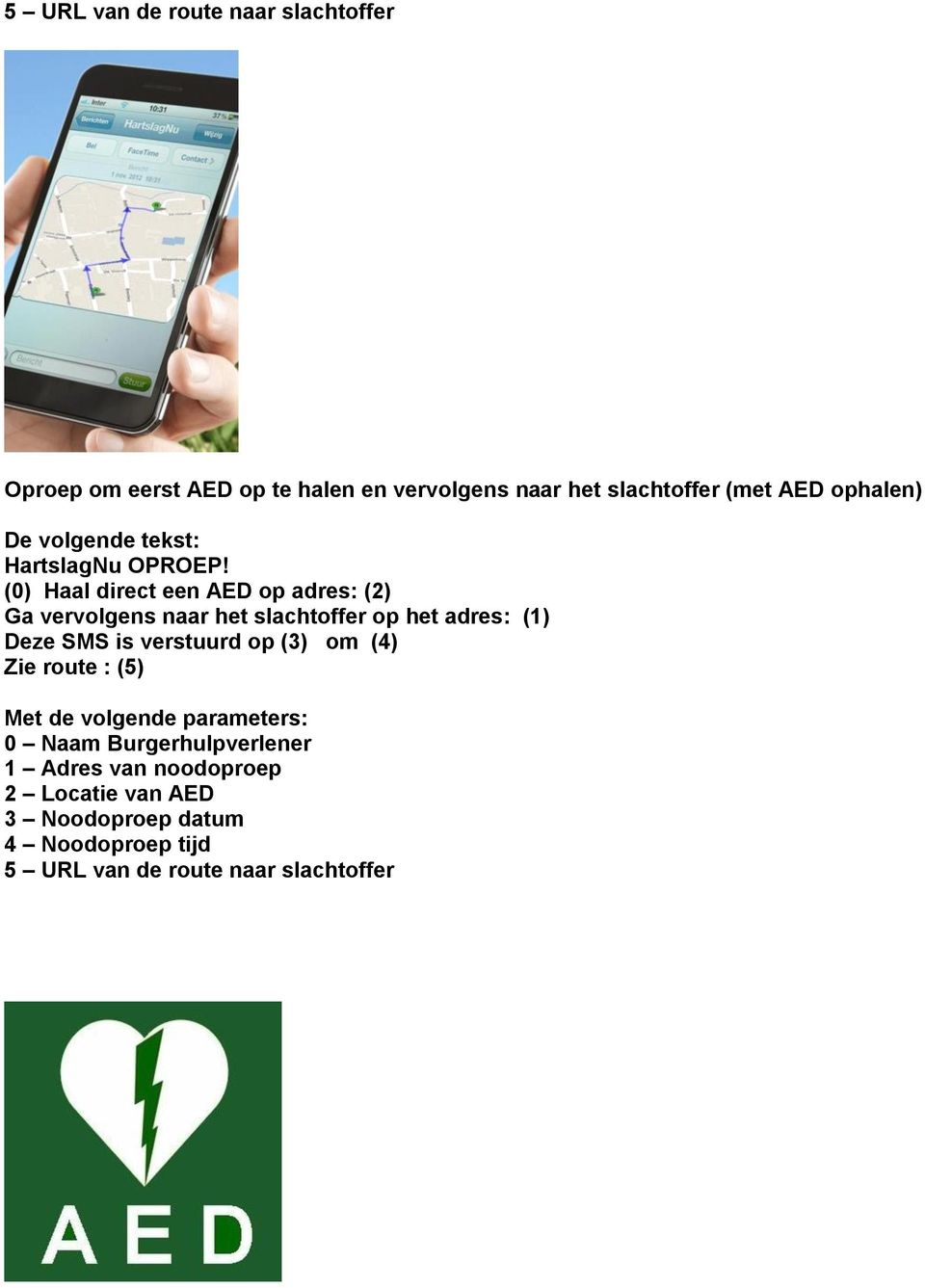 (0) Haal direct een AED op adres: (2) Ga vervolgens naar het slachtoffer op het adres: (1) Deze SMS is verstuurd op