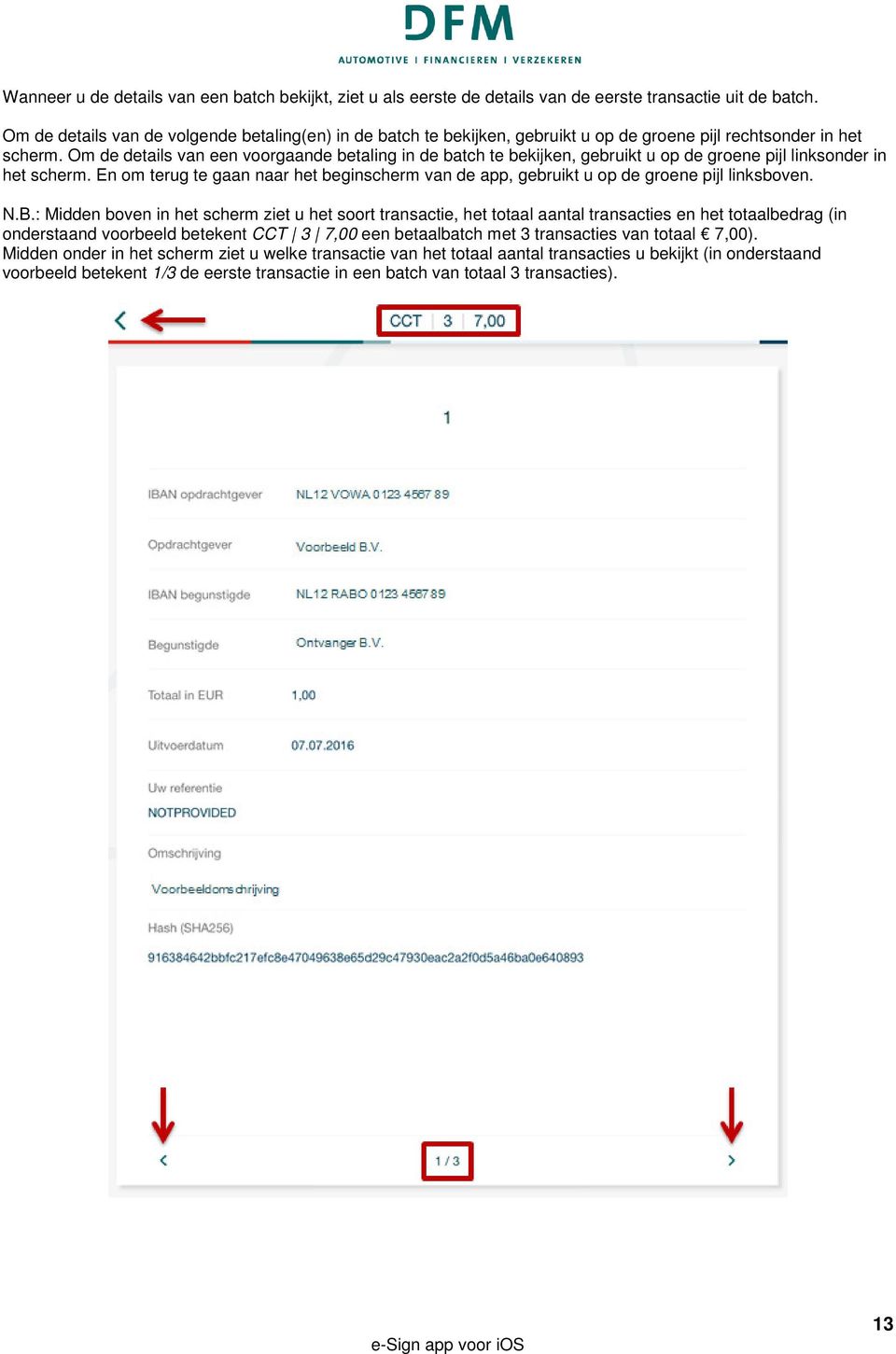 Om de details van een voorgaande betaling in de batch te bekijken, gebruikt u op de groene pijl linksonder in het scherm.