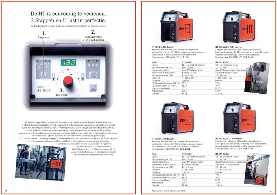 Bestelnummer: 250.0180.0 (PG 12) 1.911,- HT 180 AC/DC, WIG-Inverter Kompleet met netkabel, 230V stekker, draagband en kabel-quick-systeem. De TIG-uitrusting s.v.p. apart kiezen en samenstellen afhankelijk van Uw werkzaamheden.