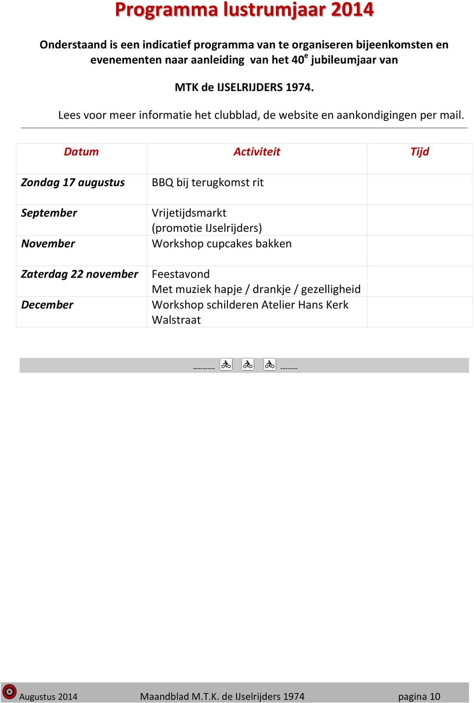 Datum Activiteit Tijd Zondag 17 augustus September November Zaterdag 22 november December BBQ bij terugkomst rit Vrijetijdsmarkt (promotie IJselrijders)