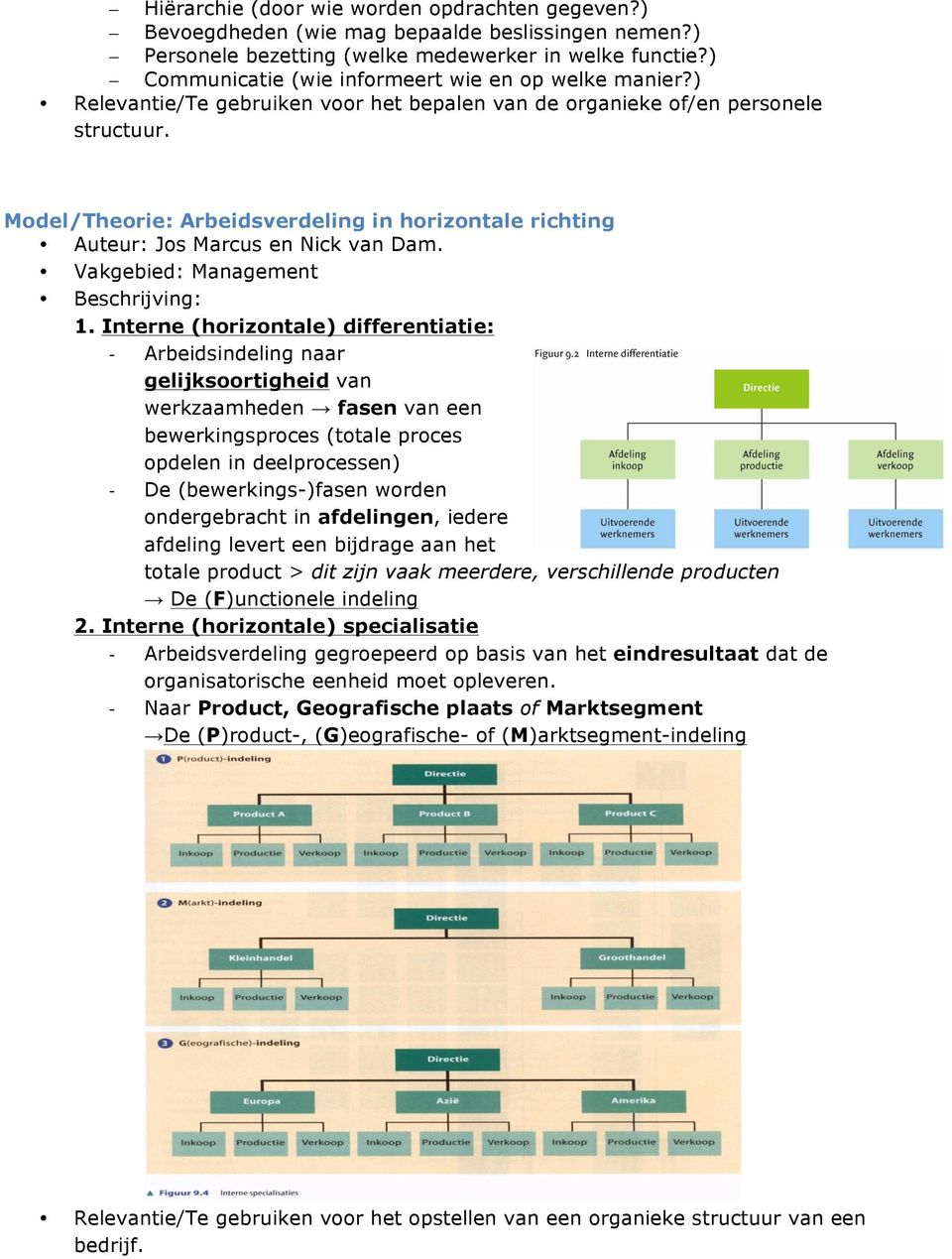 Model/Theorie: Arbeidsverdeling in horizontale richting Auteur: Jos Marcus en Nick van Dam. 1.