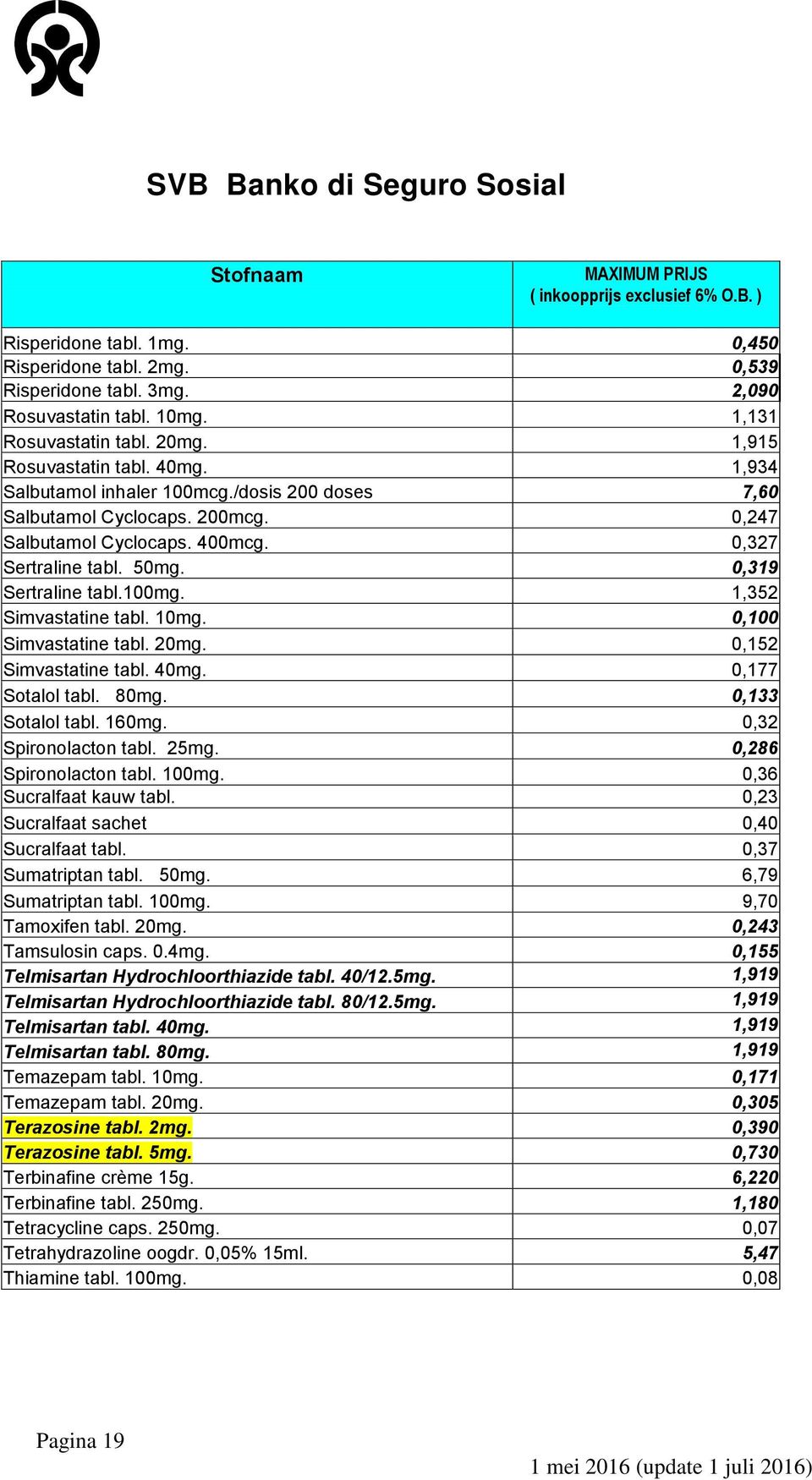 0,319 Sertraline tabl.100mg. 1,352 Simvastatine tabl. 10mg. 0,100 Simvastatine tabl. 20mg. 0,152 Simvastatine tabl. 40mg. 0,177 Sotalol tabl. 80mg. 0,133 Sotalol tabl. 160mg. 0,32 Spironolacton tabl.