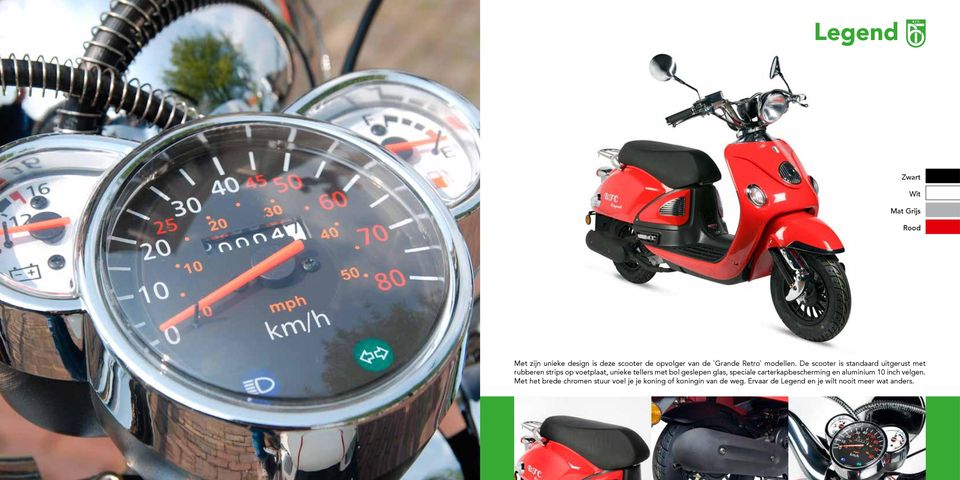 De scooter is standaard uitgerust met rubberen strips op voetplaat, unieke tellers met bol