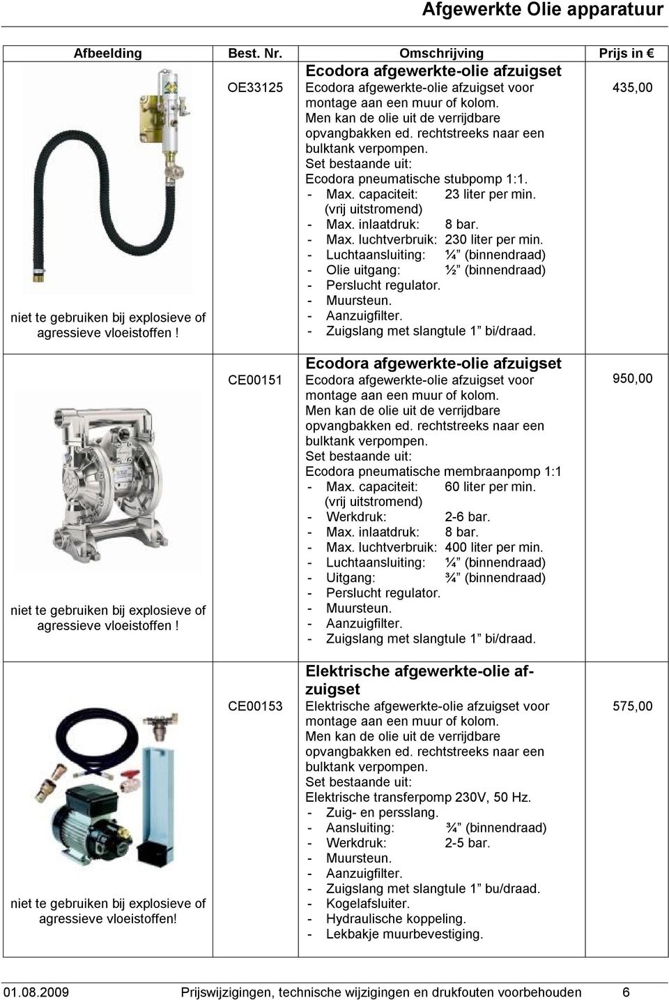 - Luchtaansluiting: ¼ (binnendraad) - Olie uitgang: ½ (binnendraad) - Perslucht regulator. - Muursteun. - Aanzuigfilter. - Zuigslang met slangtule 1 bi/draad.