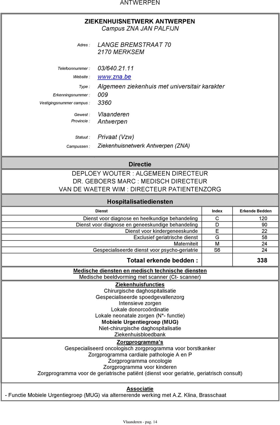 GEBOERS MARC : MEDISCH DIRECTEUR VAN DE WAETER WIM : DIRECTEUR PATIENTENZORG Dienst voor diagnose en heelkundige behandeling C 120 Dienst voor diagnose en geneeskundige behandeling D 90 Dienst voor