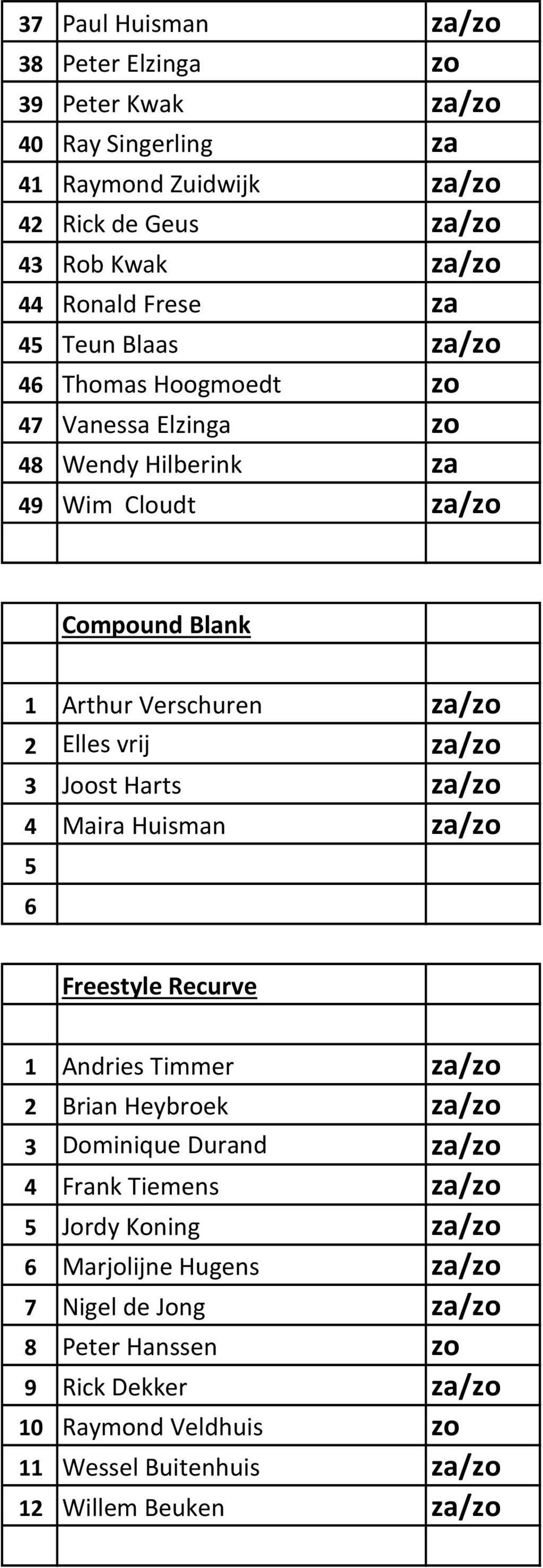 3 Joost Harts za/zo 4 Maira Huisman za/zo 5 6 Freestyle Recurve 1 Andries Timmer za/zo 2 Brian Heybroek za/zo 3 Dominique Durand za/zo 4 Frank Tiemens za/zo 5 Jordy