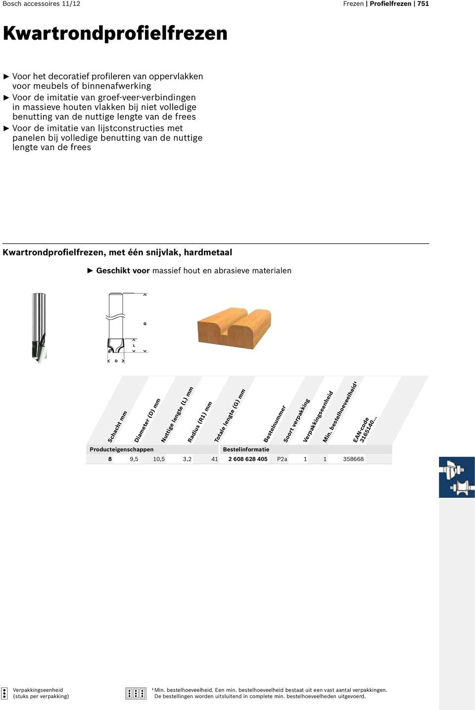 lijstconstructies met panelen bij volledige benutting van de nuttige lengte van de frees Kwartrondprofielfrezen, met één snijvlak, hardmetaal Geschikt voor massief