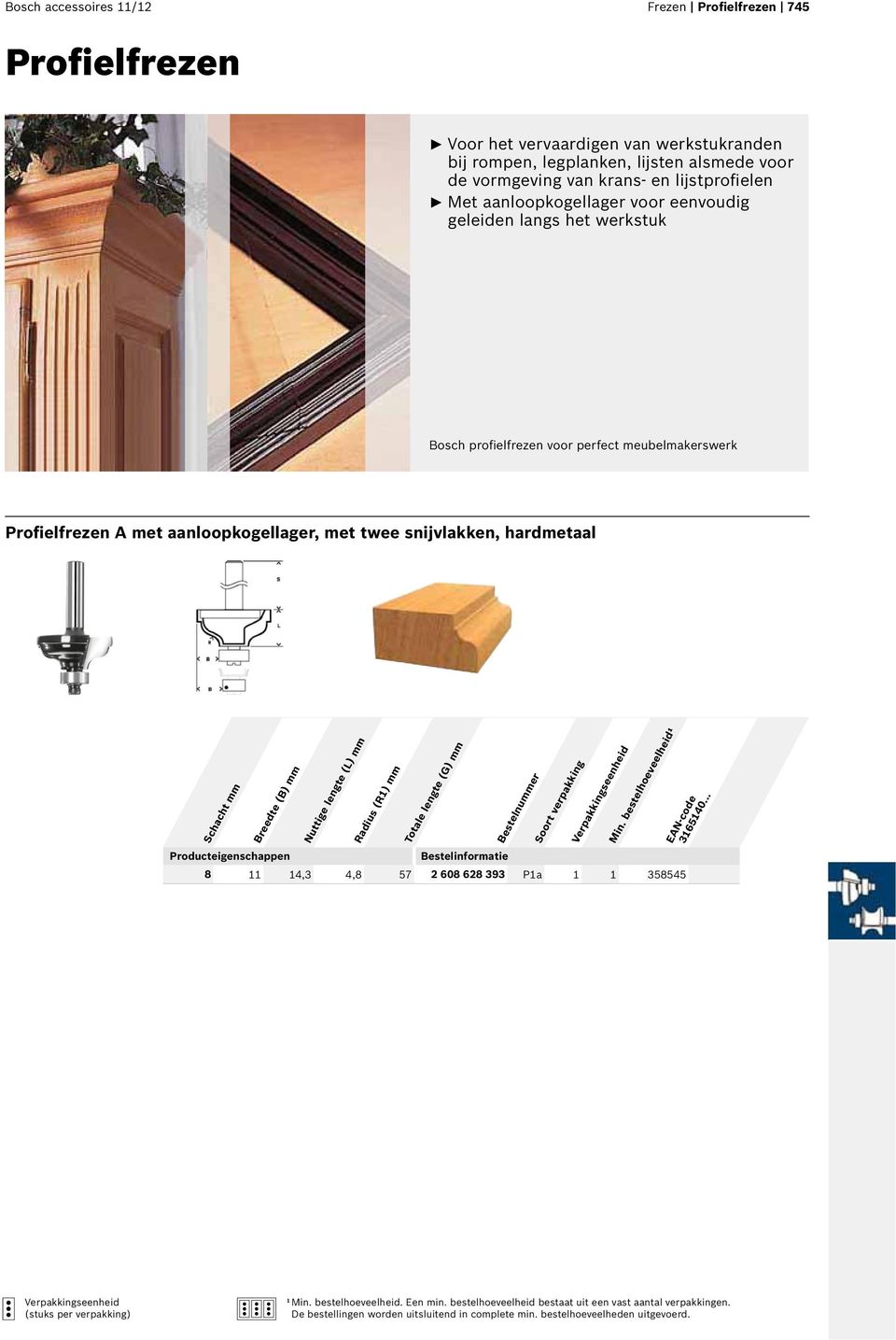 profielfrezen voor perfect meubelmakerswerk Profielfrezen A met aanloopkogellager, met twee snijvlakken, hardmetaal Breedte (B) mm Radius