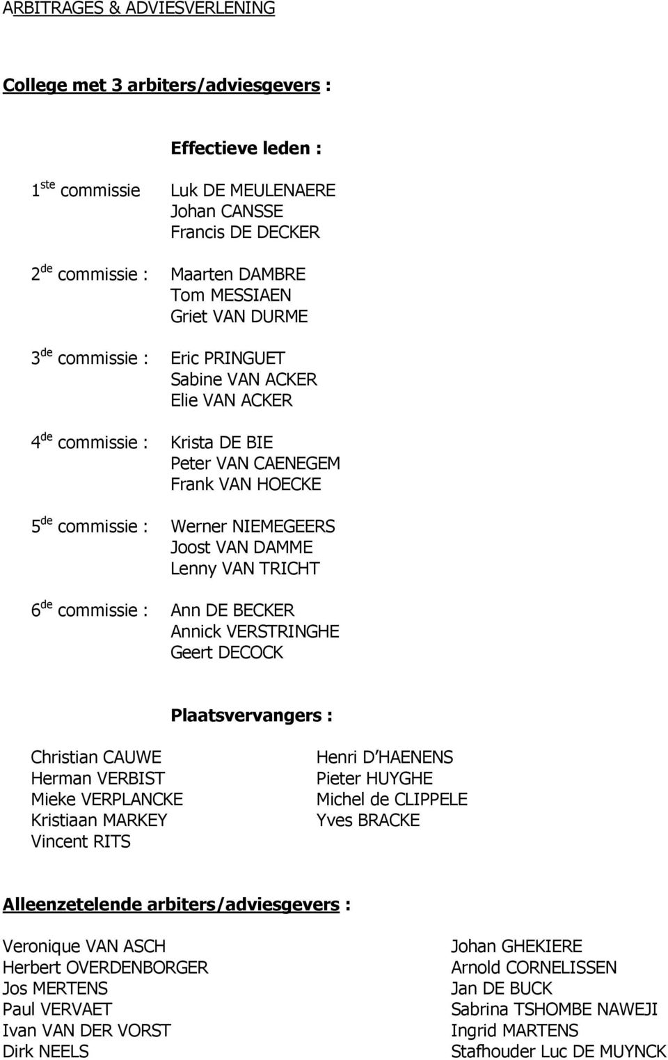 TRICHT 6 de commissie : Ann DE BECKER Annick VERSTRINGHE Plaatsvervangers : Christian CAUWE Herman VERBIST Mieke VERPLANCKE Michel de CLIPPELE Yves BRACKE Alleenzetelende arbiters/adviesgevers :