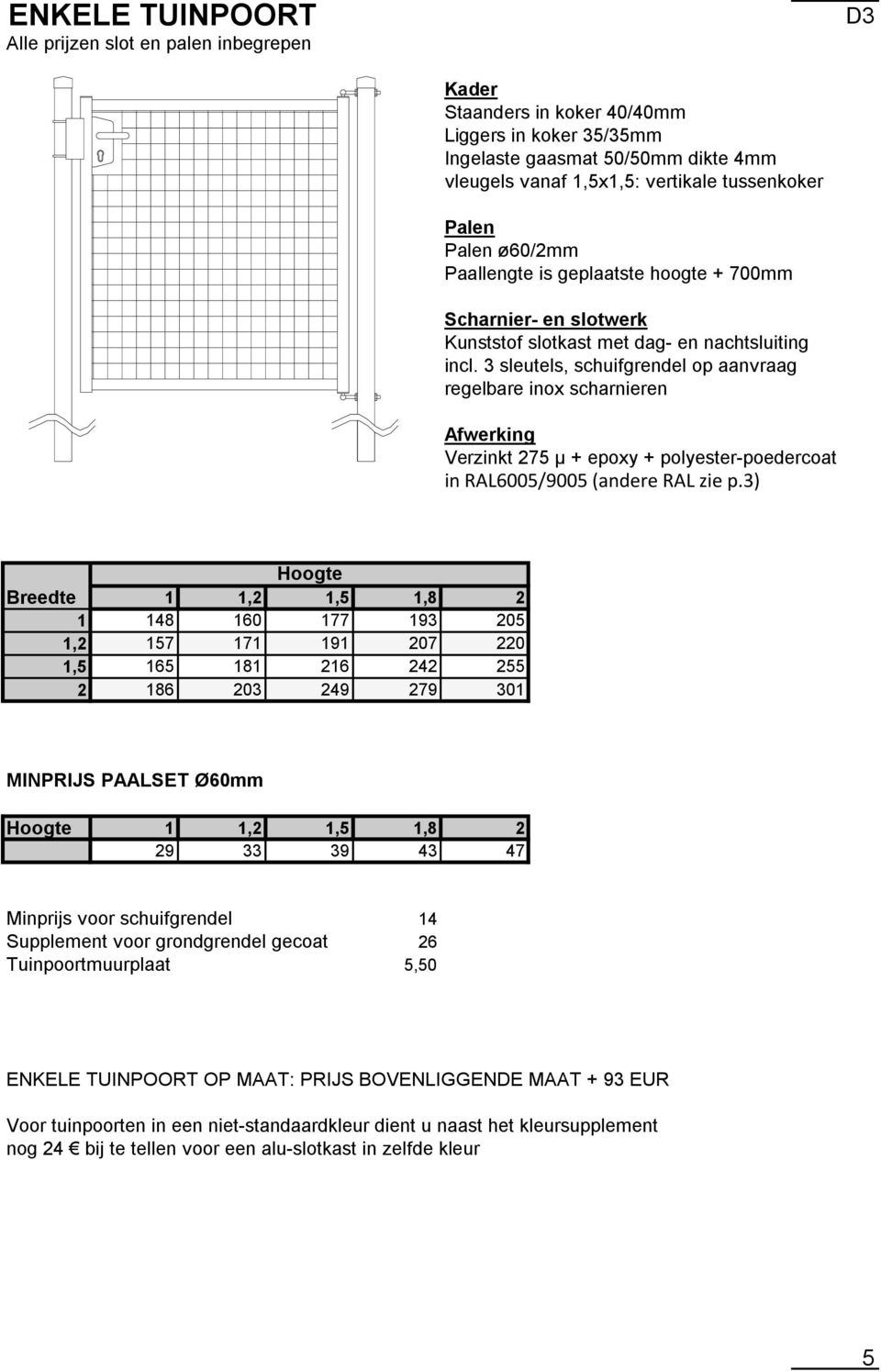 3 sleutels, schuifgrendel op aanvraag regelbare inox scharnieren Afwerking Verzinkt 275 µ + epoxy + polyester-poedercoat in RAL6005/9005 (andere RAL zie p.