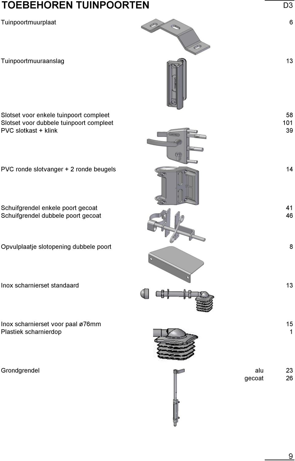Schuifgrendel enkele poort gecoat 41 Schuifgrendel dubbele poort gecoat 46 Opvulplaatje slotopening dubbele poort 8