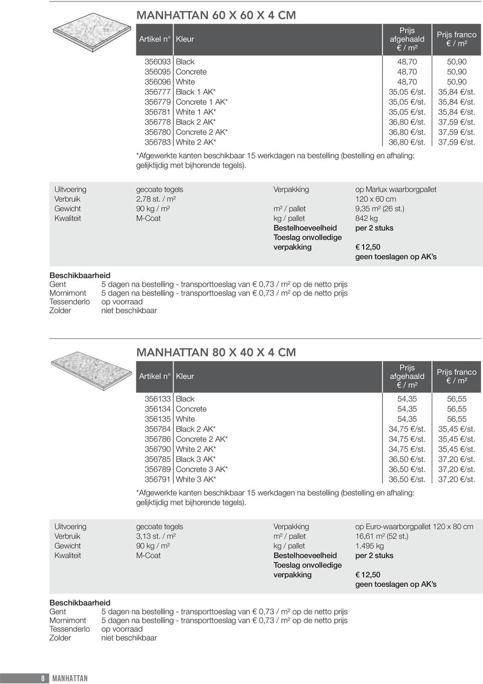 gecoate tegels Verbruik 2,78 st. / m² 90 kg / m² M-Coat 120 x 60 cm m² / pallet 9,35 m² (26 st.