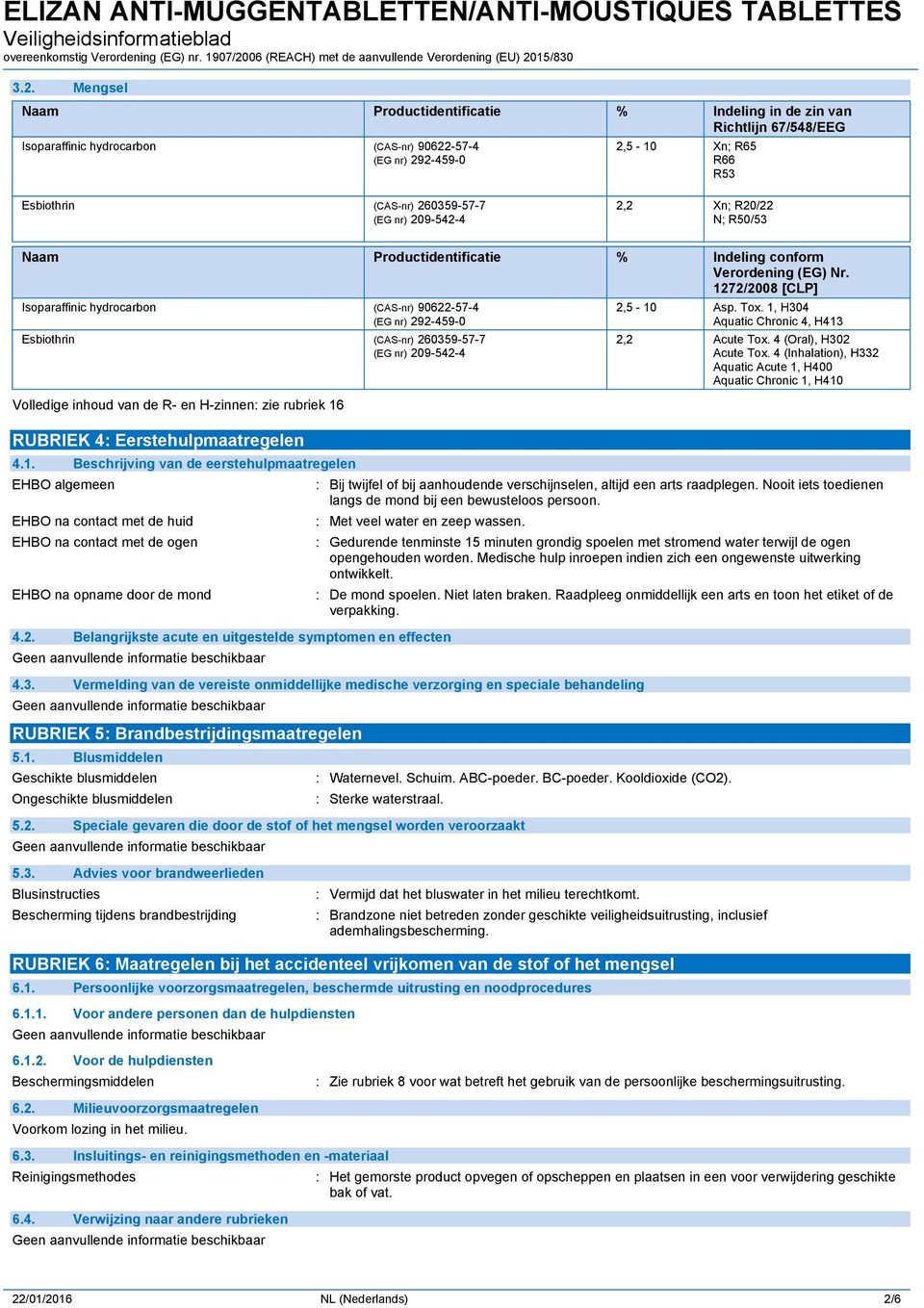 1272/2008 [CLP] Isoparaffinic hydrocarbon (CAS-nr) 90622-57-4 (EG nr) 292-459-0 Esbiothrin (CAS-nr) 260359-57-7 (EG nr) 209-542-4 Volledige inhoud van de R- en H-zinnen: zie rubriek 16 RUBRIEK 4: