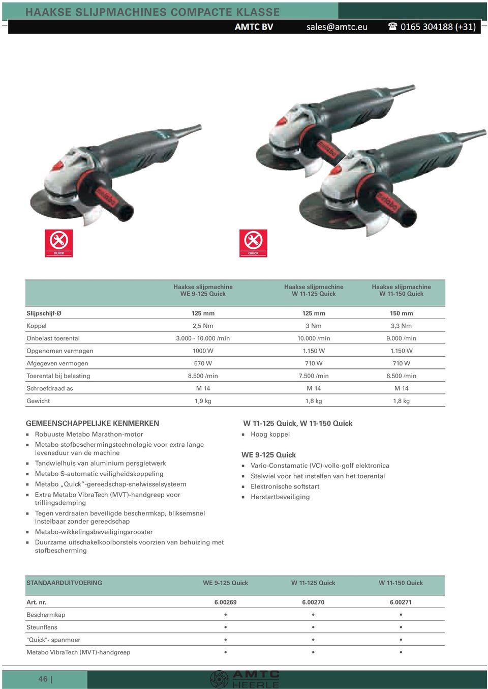 500 /min Schroefdraad as M 14 M 14 M 14 Gewicht 1,9 kg 1,8 kg 1,8 kg GEMEENSCHAPPELIJKE KENMERKEN Robuuste Metabo Marathon-motor Metabo stofbeschermingstechnologie voor extra lange levensduur van de