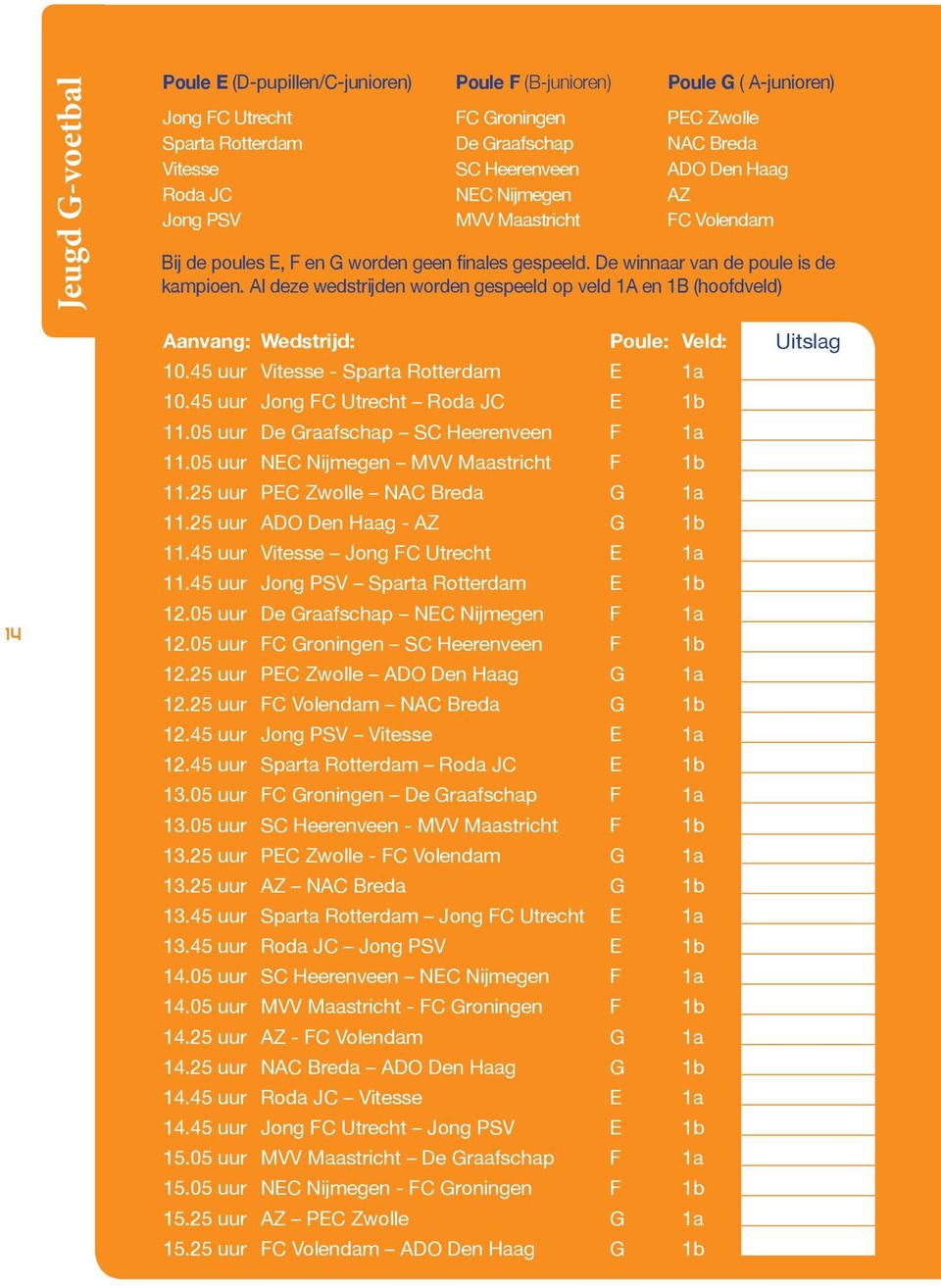 Al deze wedstrijden worden gespeeld op veld 1A en 1B (hoofdveld) 14 Aanvang: Wedstrijd: Poule: Veld: 10.45 uur Vitesse - Sparta Rotterdam E 1a 10.45 uur Jong FC Utrecht Roda JC E 1b 11.