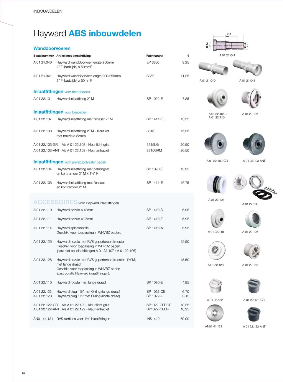 101 Hayward inlaatfitting 2 M SP 1022-E 7,25 Inlaatfittingen voor foliebaden A 01 22.107 Hayward inlaatfitting met flensset 2 M SP 1411-ELL 13,25 A 01 22.101 + A 01 22.110 A 01 22.107 A 01 22.