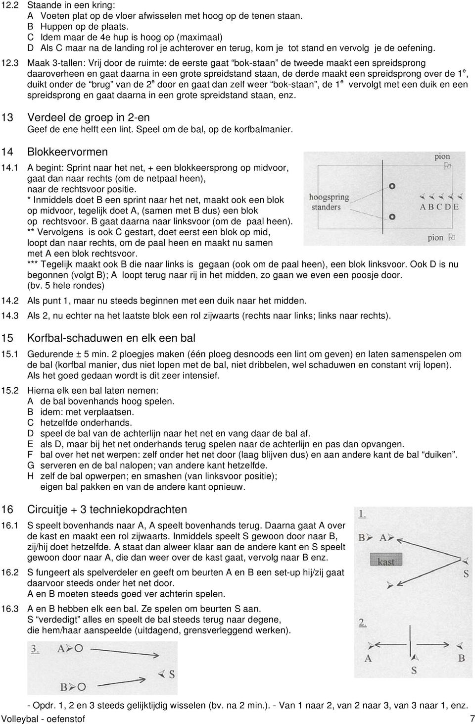 3 Maak 3-tallen: Vrij door de ruimte: de eerste gaat bok-staan de tweede maakt een spreidsprong daaroverheen en gaat daarna in een grote spreidstand staan, de derde maakt een spreidsprong over de 1