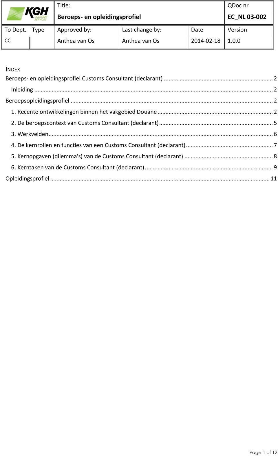 Werkvelden... 6 4. De kernrollen en functies van een Customs Consultant (declarant)... 7 5.