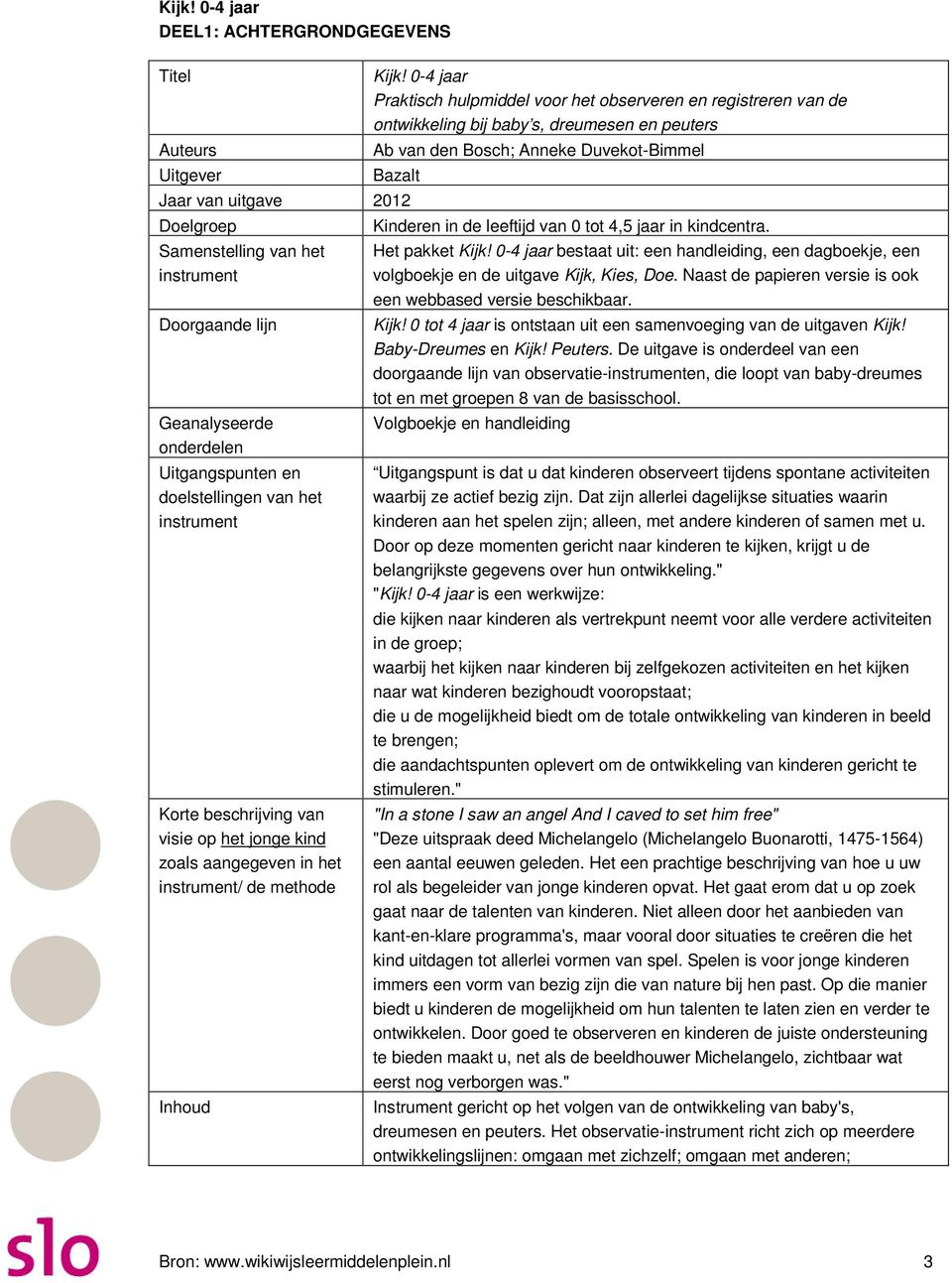 Samenstelling van het instrument Doorgaande lijn Geanalyseerde onderdelen Uitgangspunten en doelstellingen van het instrument Korte beschrijving van visie op het jonge kind zoals aangegeven in het