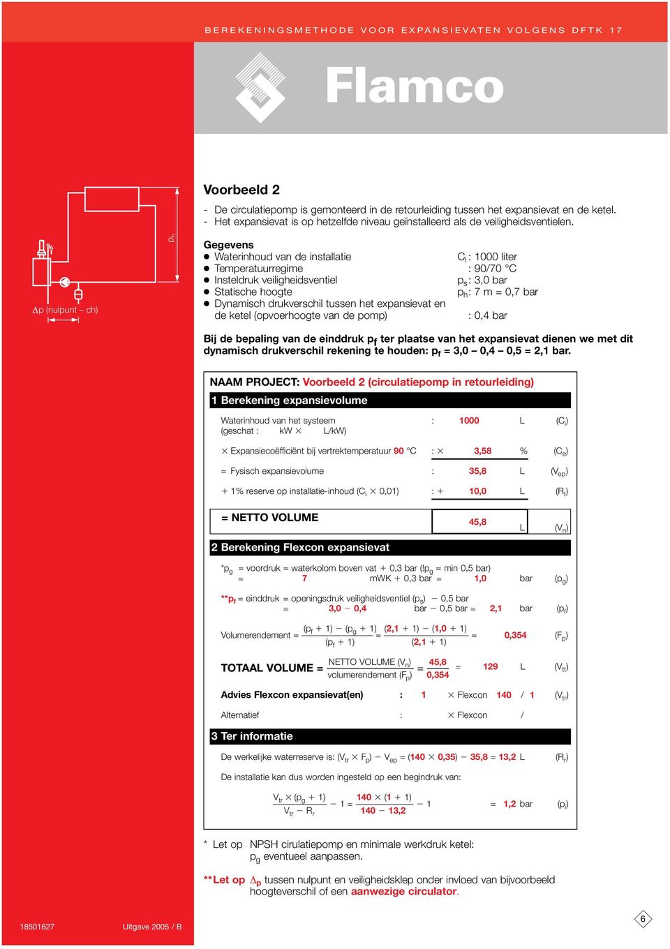 Gegevens Waterinhoud van de installatie C i : 1000 liter Temperatuurregime C i : 90/70 C Insteldruk veiligheidsventiel p s : 3,0 bar Statische hoogte p h : 7 m = 0,7 bar Dynamisch drukverschil tussen