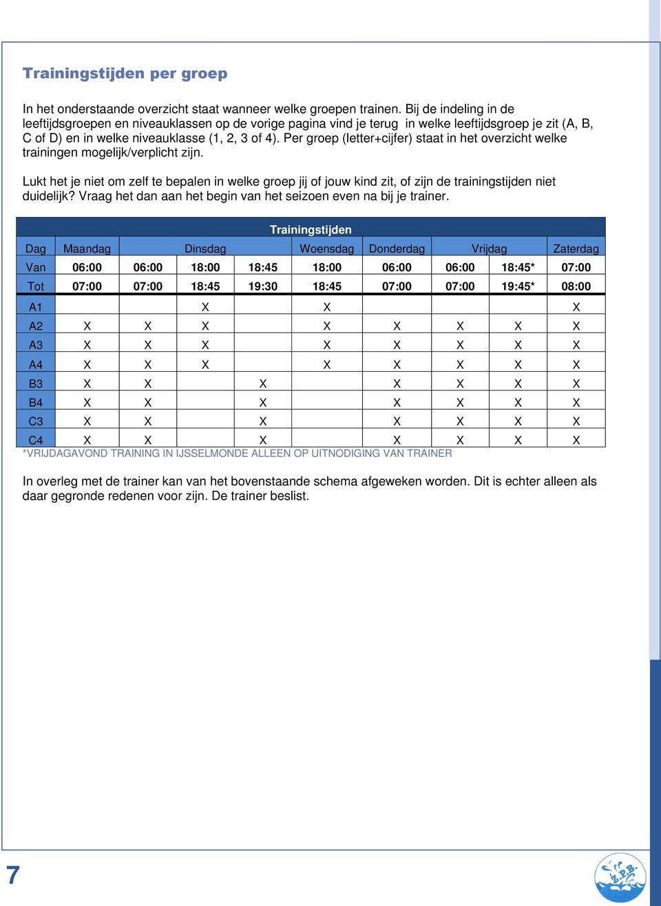 Per groep (letter+cijfer) staat in het overzicht welke trainingen mogelijk/verplicht zijn.