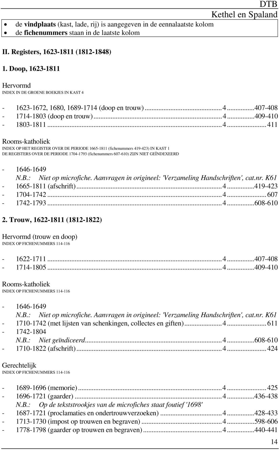 PERIODE 1704-1793 (fichenummers 607-610) ZIJN NIET GEÏNDEXEERD - 1646-1649 N.B.: Niet op microfiche. Aanvragen in origineel: 'Verzameling Handschriften', cat.nr. K61-1665-1811 (afschrift)...4...419-423 - 1704-1742.
