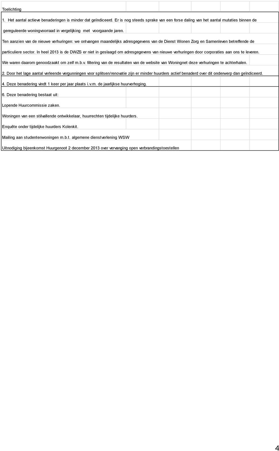 Ten aanzien van de nieuwe verhuringen: we ontvangen maandelijks adresgegevens van de Dienst Wonen Zorg en Samenleven betreffende de particuliere sector.