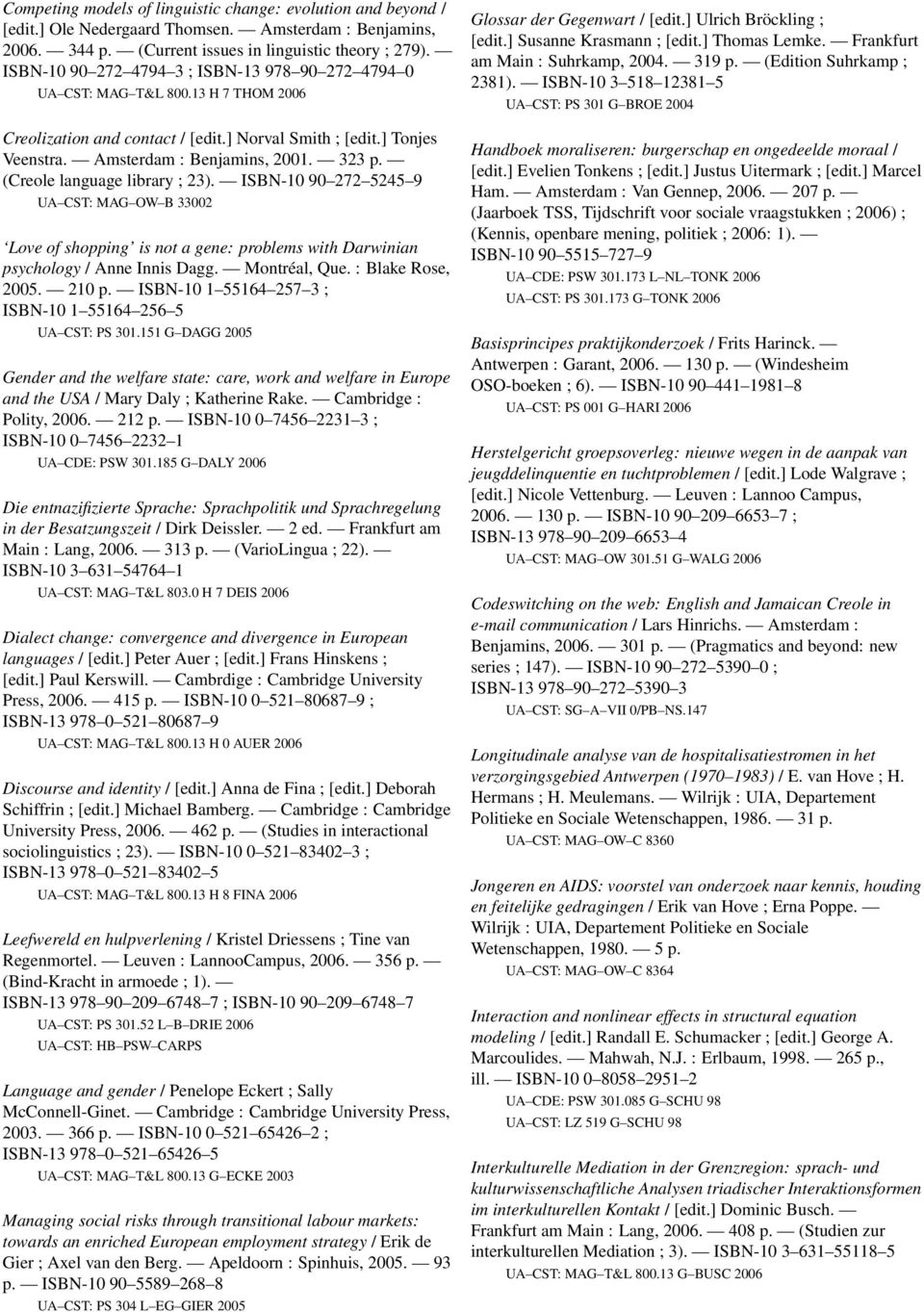 (Creole language library ; 23). ISBN-10 90 272 5245 9 UA CST: MAG OW B 33002 Love of shopping is not a gene: problems with Darwinian psychology / Anne Innis Dagg. Montréal, Que. : Blake Rose, 2005.